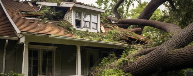 Tree fallen into a home roof