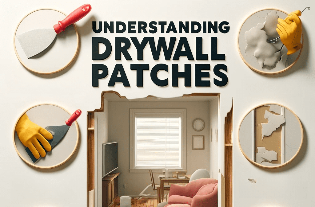 An image showing a living room with four circular images around it, depicting steps to patch drywall, including applying compound and smoothing edges.