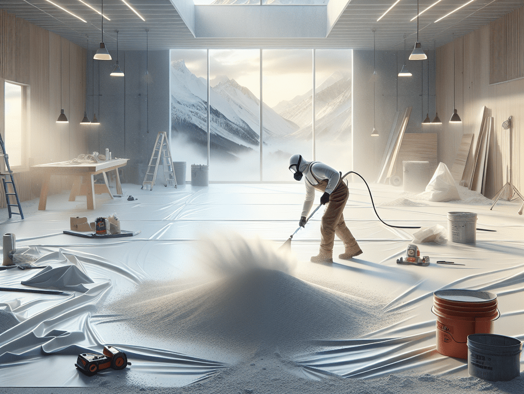 A person in a well-lit room prepares for wall repair by cleaning, laying protective sheeting, and wearing safety gear, including a dust mask.