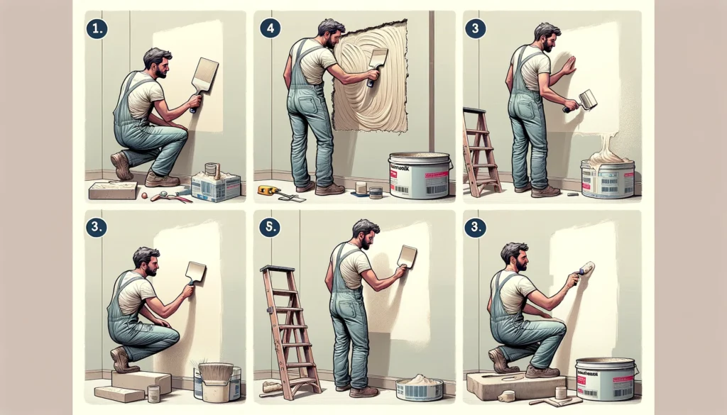 A step-by-step guide to patching drywall, showing a man in overalls applying joint compound, smoothing, and finishing the patch.