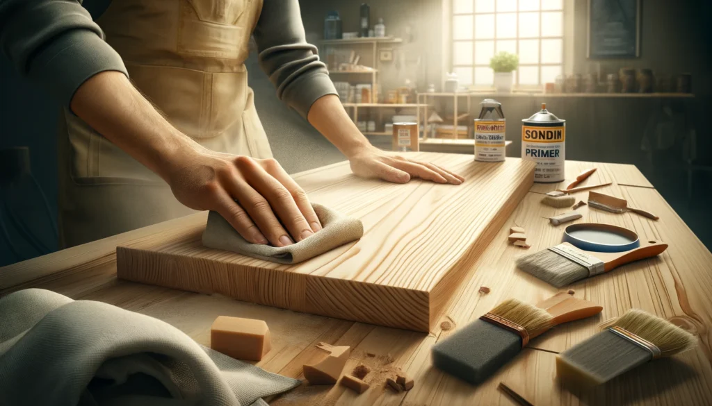 A person wearing an apron sands a wooden board on a workbench scattered with woodworking tools, primer cans, and brushes in a sunlit workshop.