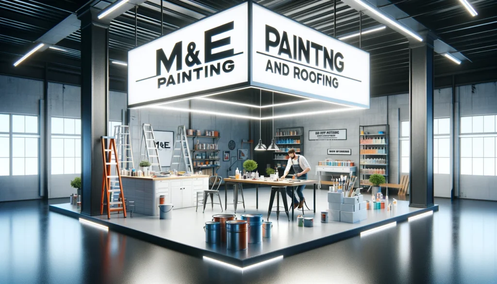 A modern workshop with an illuminated M&E Painting and Roofing sign. The space includes paint supplies and a central workbench where an artist works.