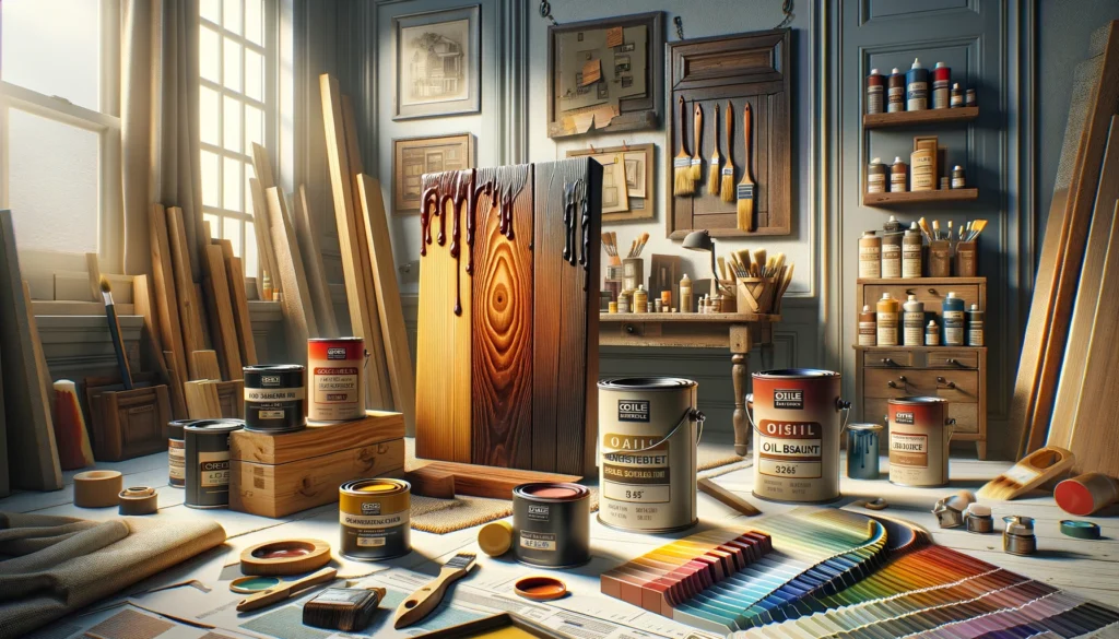 A workshop filled with wood stains and brushes neatly arranged on shelves and workbench, with color swatches and boards scattered in the sunlit space.