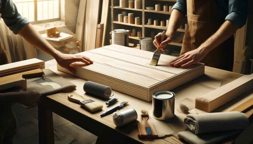 Two people working on a woodworking project, applying varnish to a wooden panel in a workshop filled with tools and supplies.