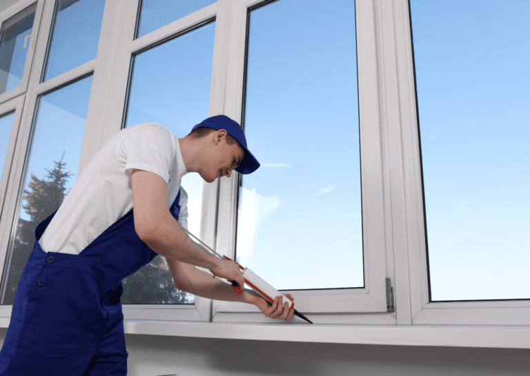 A worker in blue overalls and cap uses a caulking gun on a window frame, demonstrating proper technique for sealing windows.