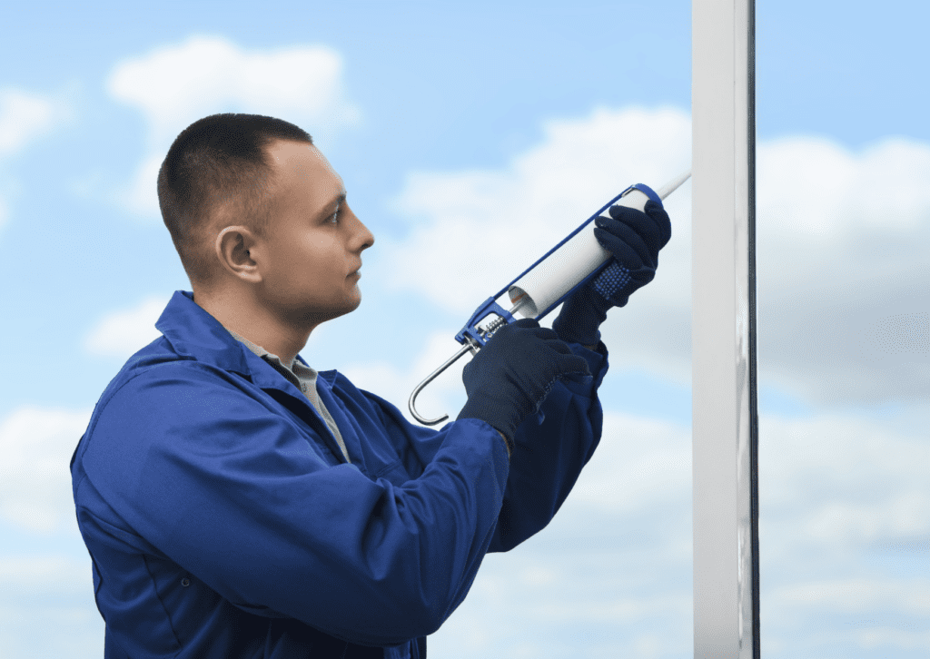 A worker in a blue jacket and gloves uses a caulking gun to seal the exterior of a window frame against a backdrop of sky.