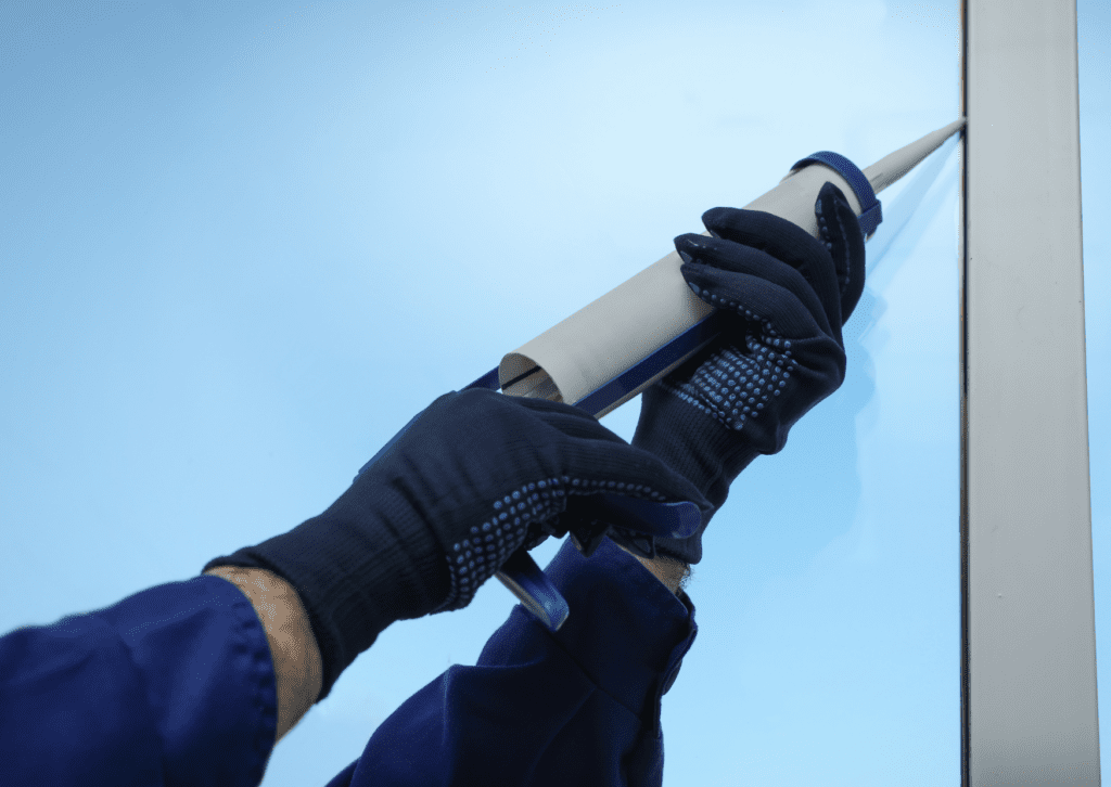 A person wearing blue gloves uses a caulking gun to seal the edge of a window frame, ensuring a tight and weatherproof seal.