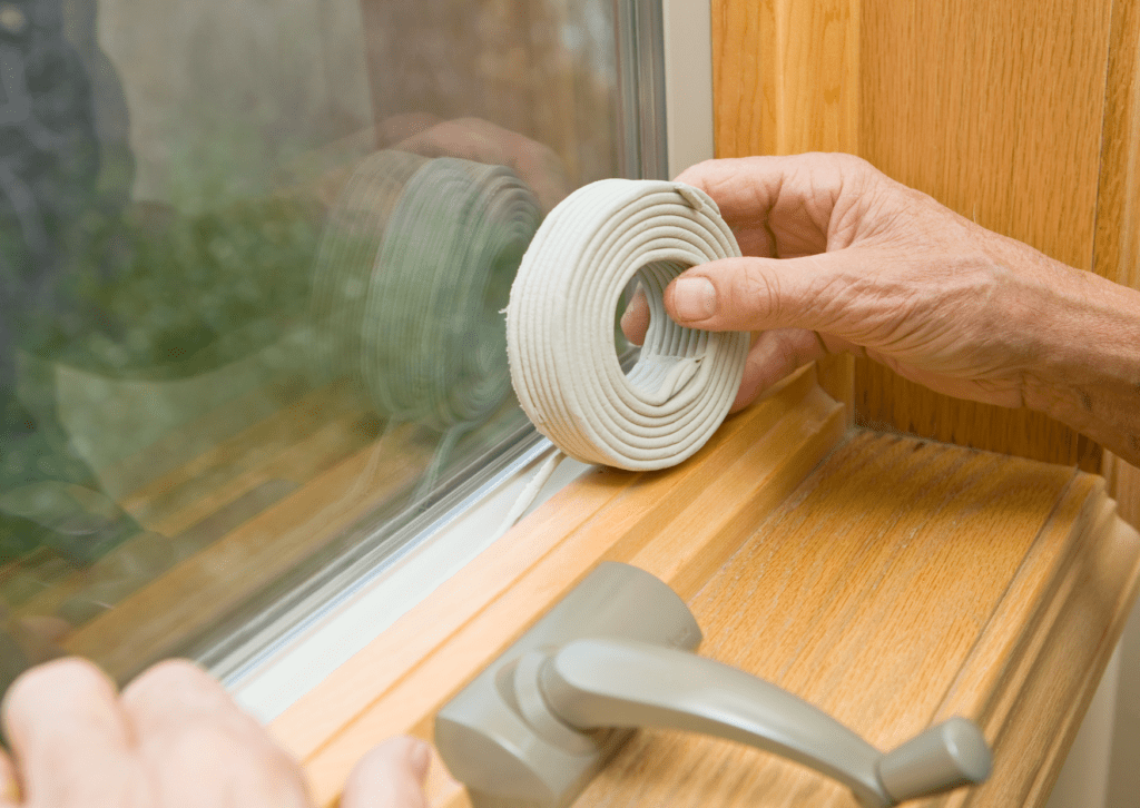 A person applies weatherstripping tape to a wooden window frame to improve insulation and prevent drafts.