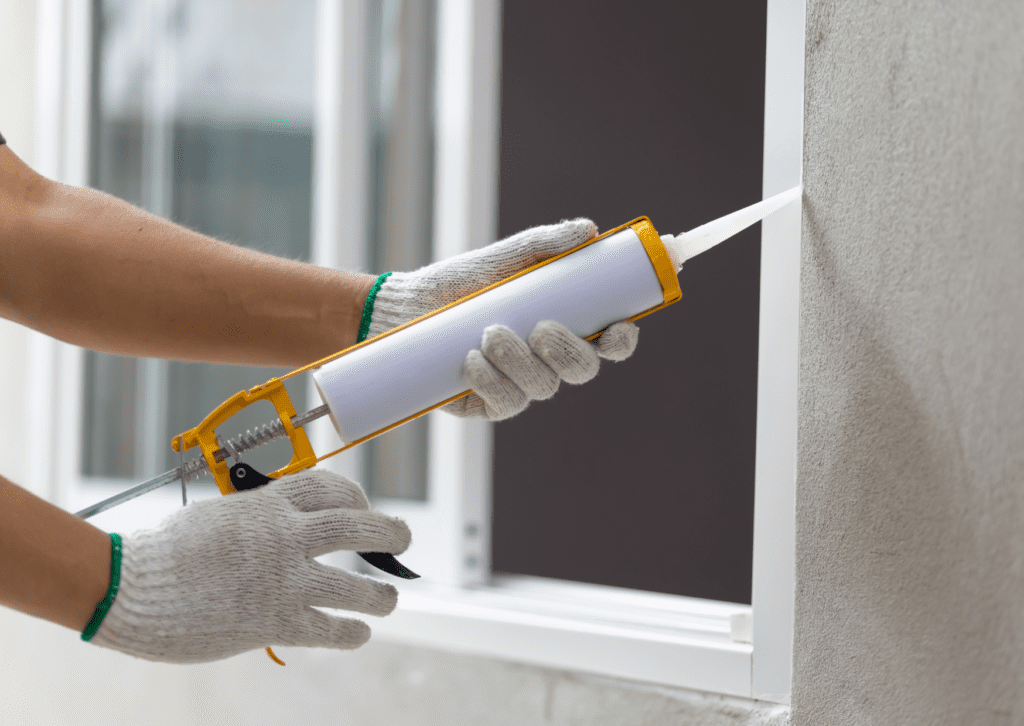 A person wearing white gloves uses a caulking gun to seal the edge of an outdoor window frame on a building exterior.