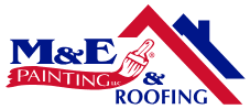 M&E Painting and Roofing LLC for your commercial painting services featuring a paintbrush and a roof icon in red and blue.