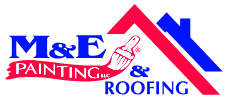 M&E Painting and Roofing logo features a paintbrush and a roof design in blue and red, highlighting their services.