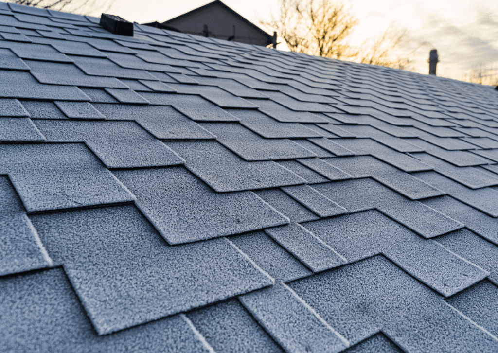 A rooftop with neatly arranged gray shingles, highlighting the durability and quality of the roof materials at sunset.