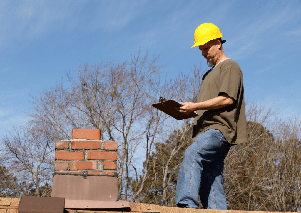 A worker in a yellow hard hat inspects a rooftop, taking notes on a clipboard, with trees and a blue sky in the background.