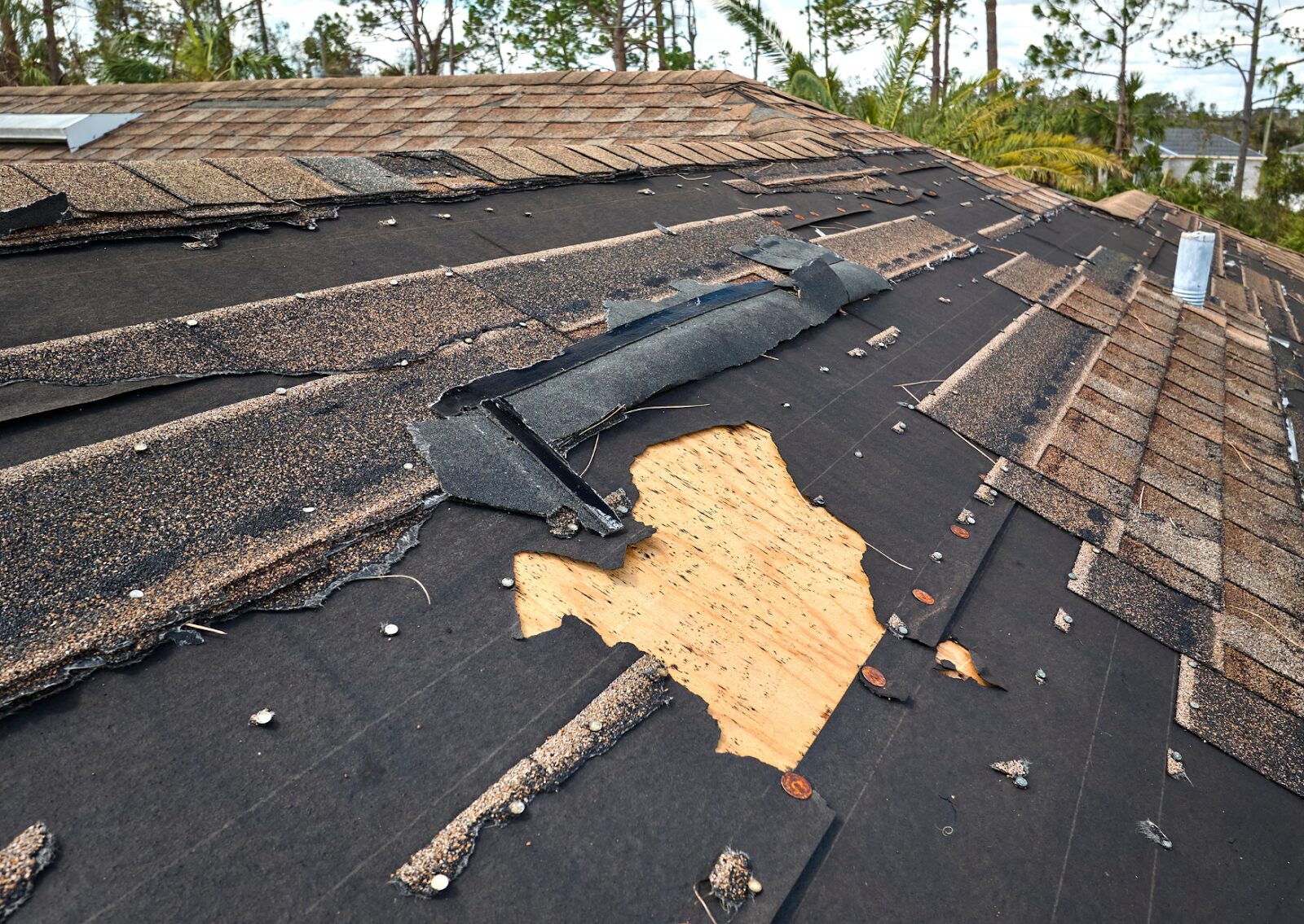 Severely damaged roof with missing shingles and exposed wood. How do I know if I need a new roof?