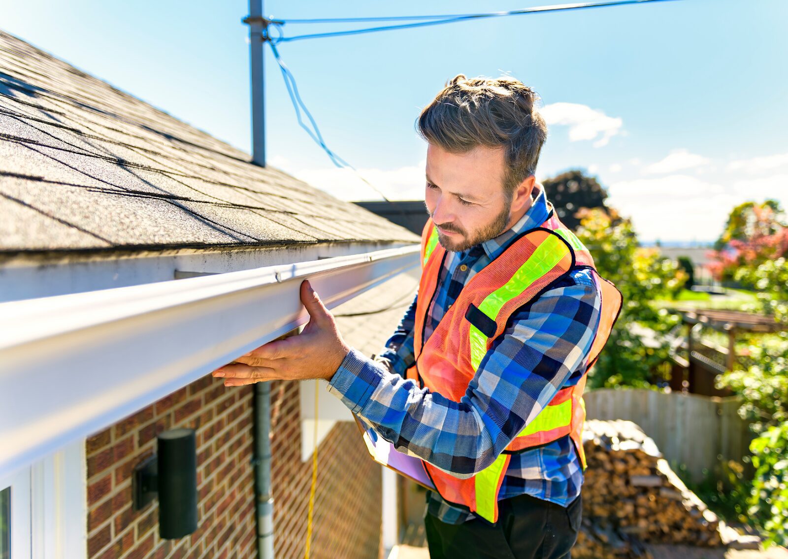 Inspector examining gutter on the roof during a roof inspection, ensuring proper maintenance and safety for the home.