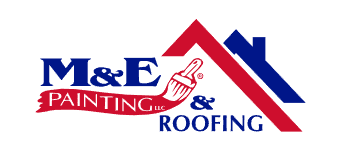 M&E Painting and Roofing logo with a red roof and paintbrush, representing their painting and roofing services.