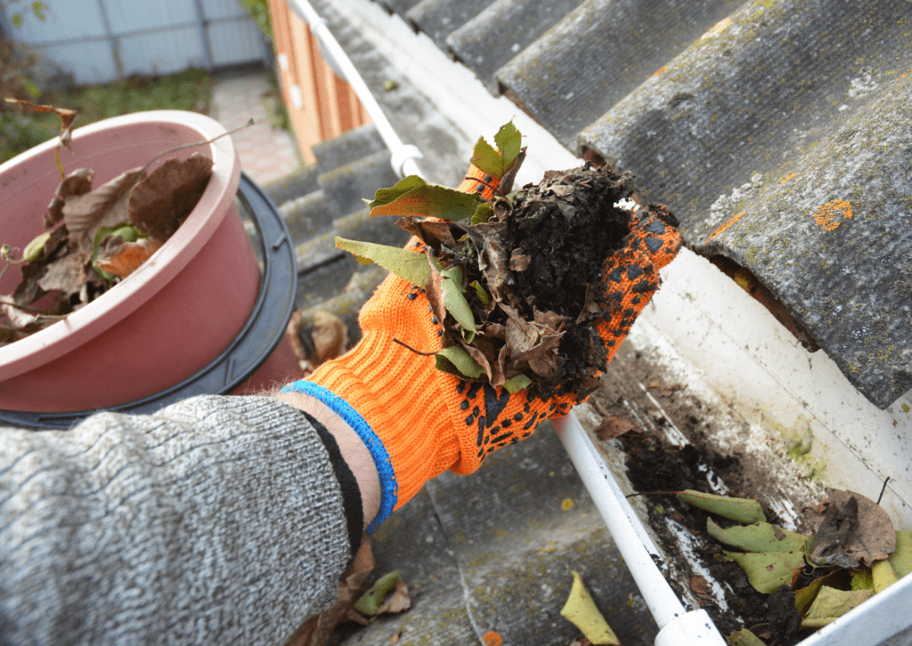 Clearing leaves and debris from a roof gutter, highlighting the importance of regular gutter maintenance.