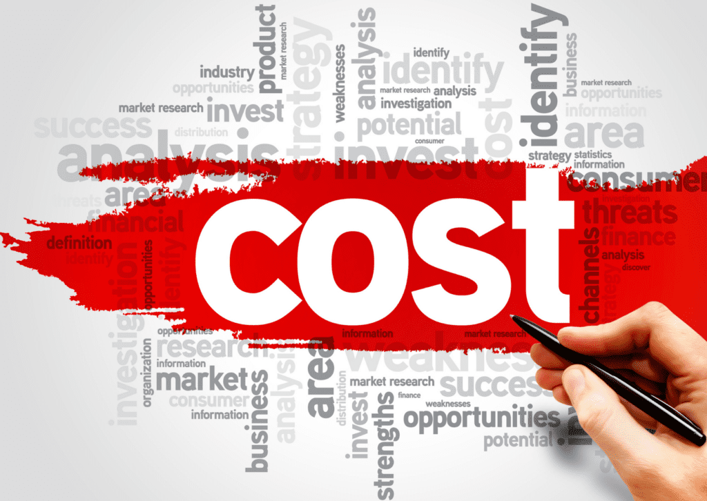 The word "cost" is highlighted in bold red, surrounded by related terms like analysis, strategy, and market research.