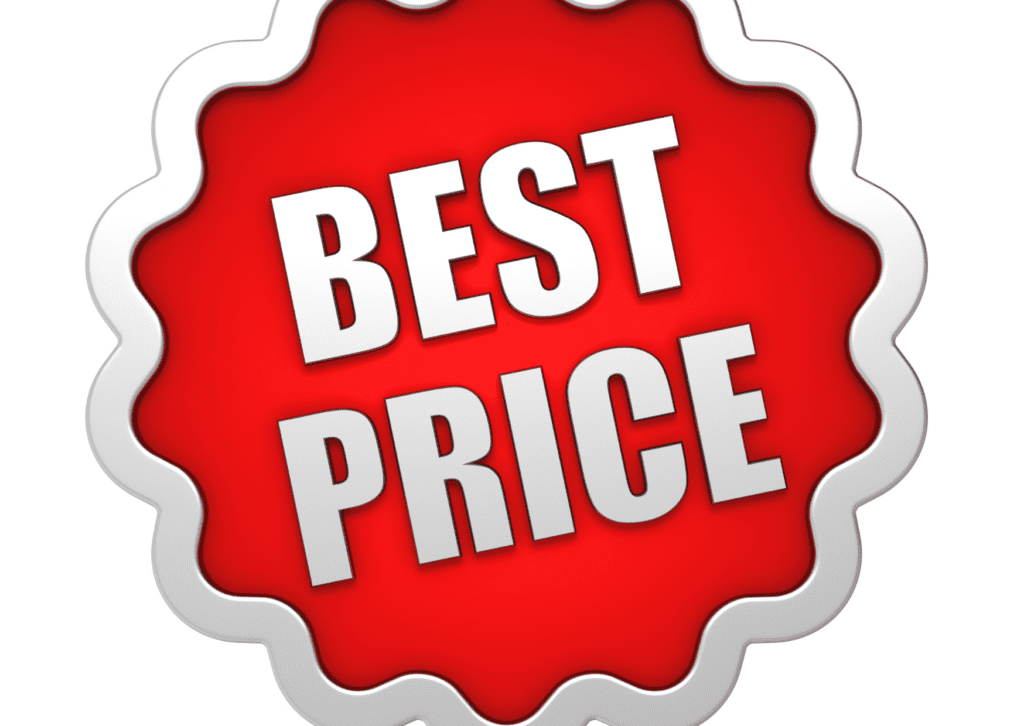 Red and white badge with "Best Price" text, representing competitive pricing and value for money in services or products.