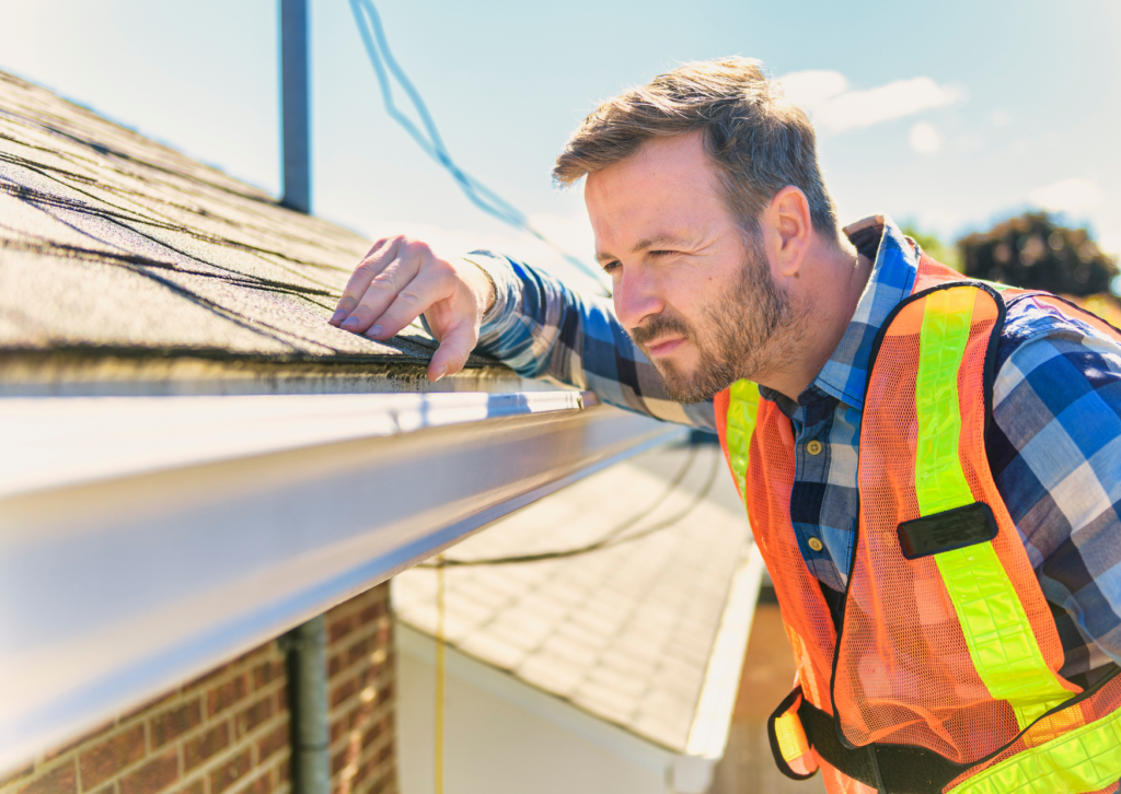 Roof inspector carefully examining shingles and gutter system to ensure quality and durability under bright sunlight.