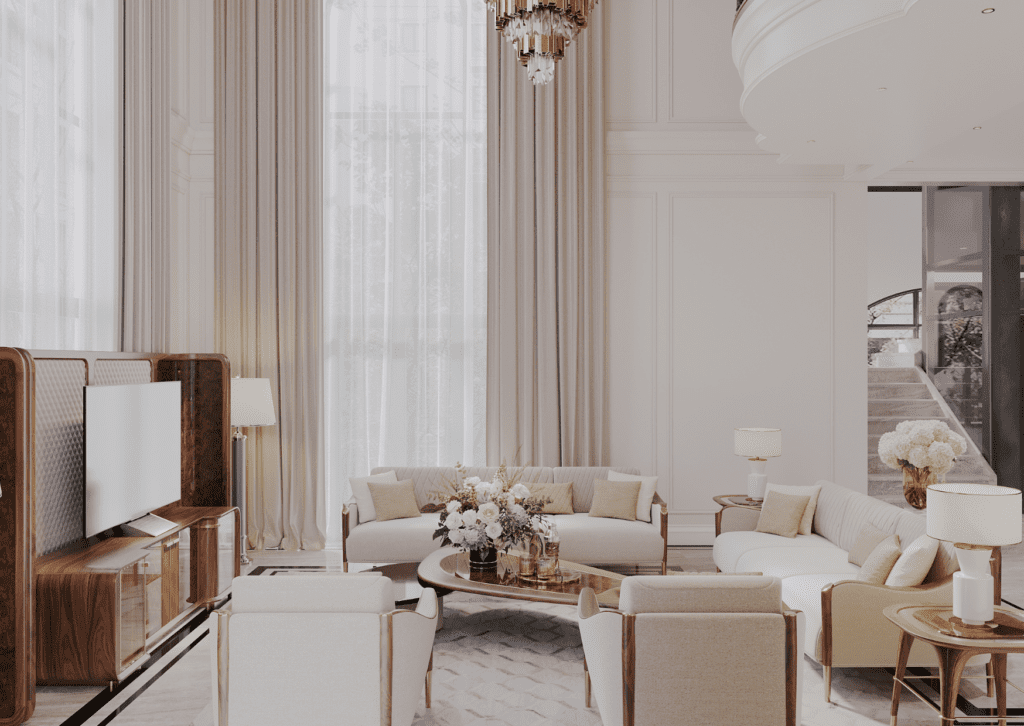 Elegant living room with a classic color combination of neutral tones and luxurious décor.