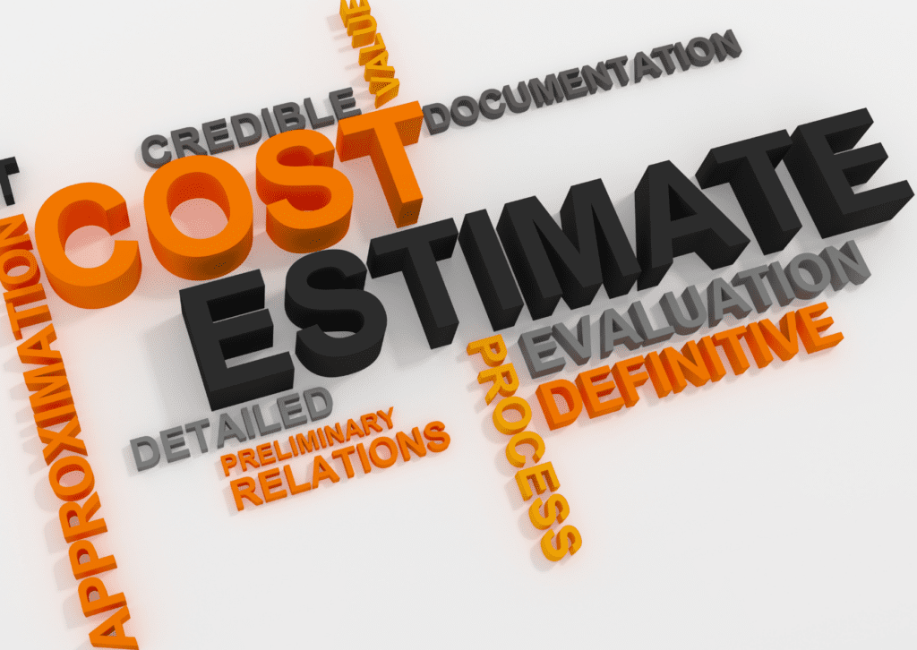 3D text displaying "Cost Estimate" with related terms like "detailed" and "evaluation."