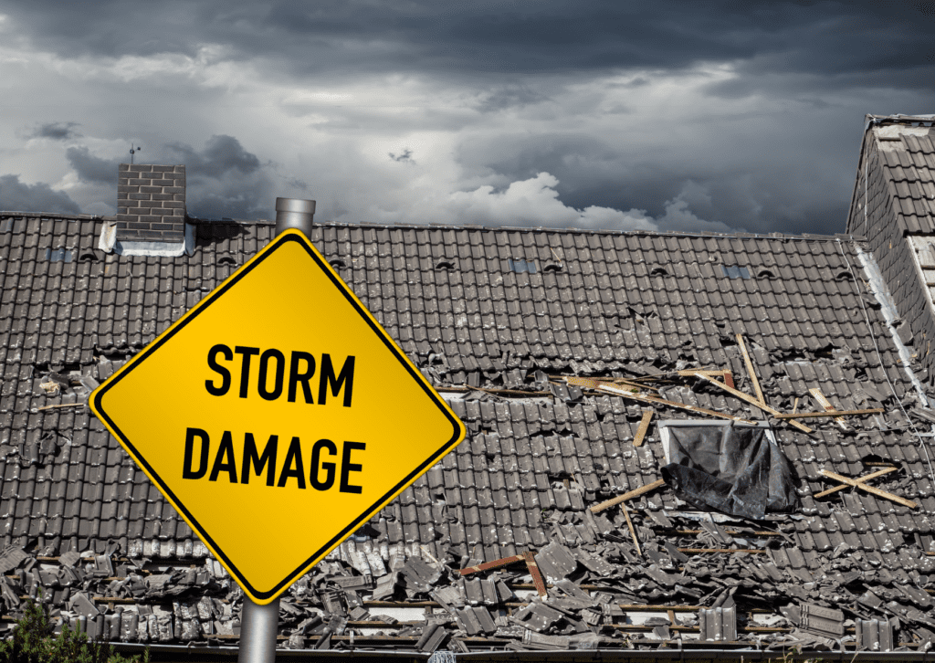 Roof severely damaged by storm with a 'Storm Damage' warning sign.