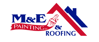 M&E Painting and Roofing logo featuring a paintbrush and roof design in red and blue.