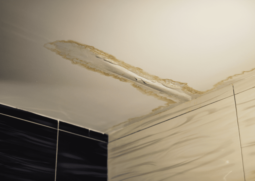 Ceiling water damage from roof leaks, showing the need for urgent roof repair.