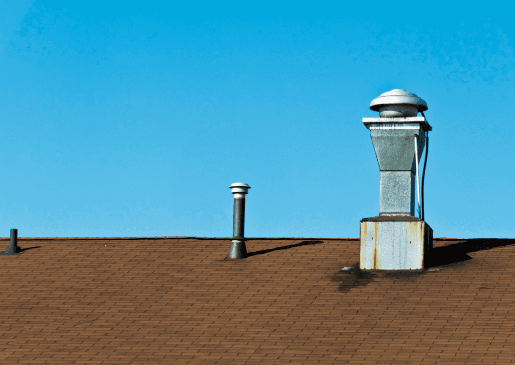 Rooftop with vents and chimney showing roof ventilation system.