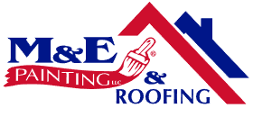 M&E Painting and Roofing logo featuring a paintbrush and a house roof in red, white, and blue colors.