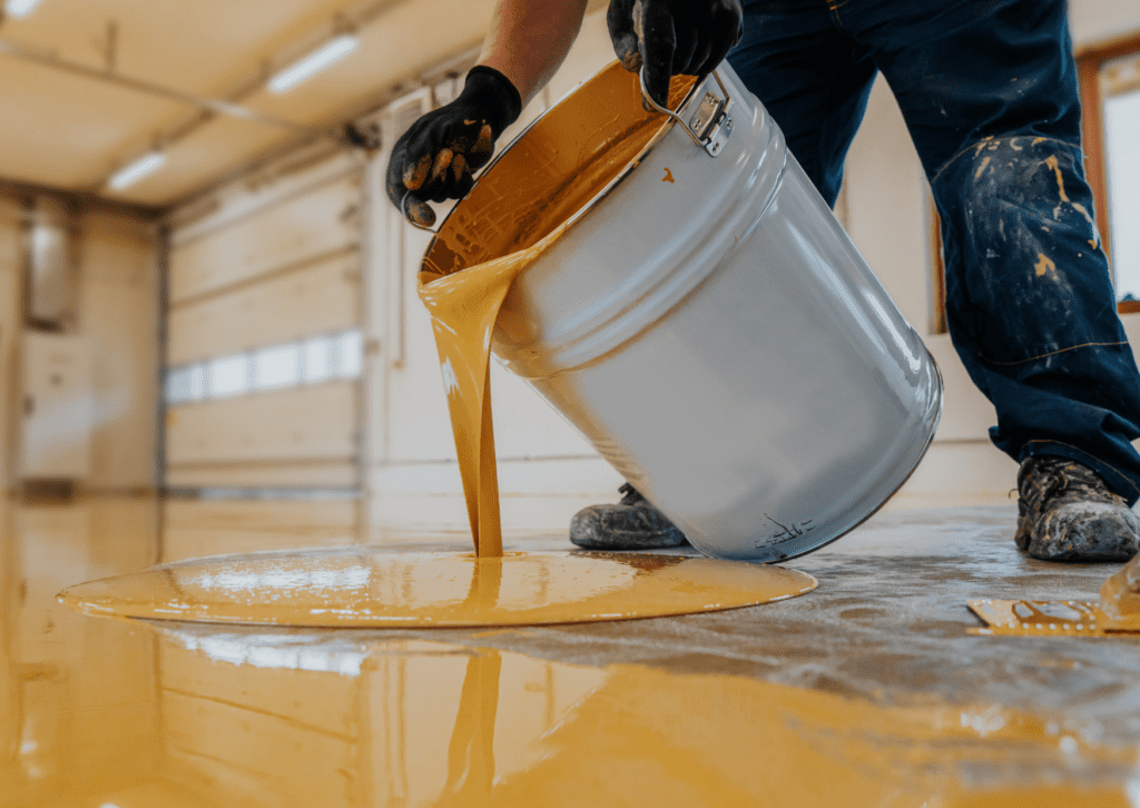 Worker pouring yellow paint for stairs, showing the application of durable floor paint.