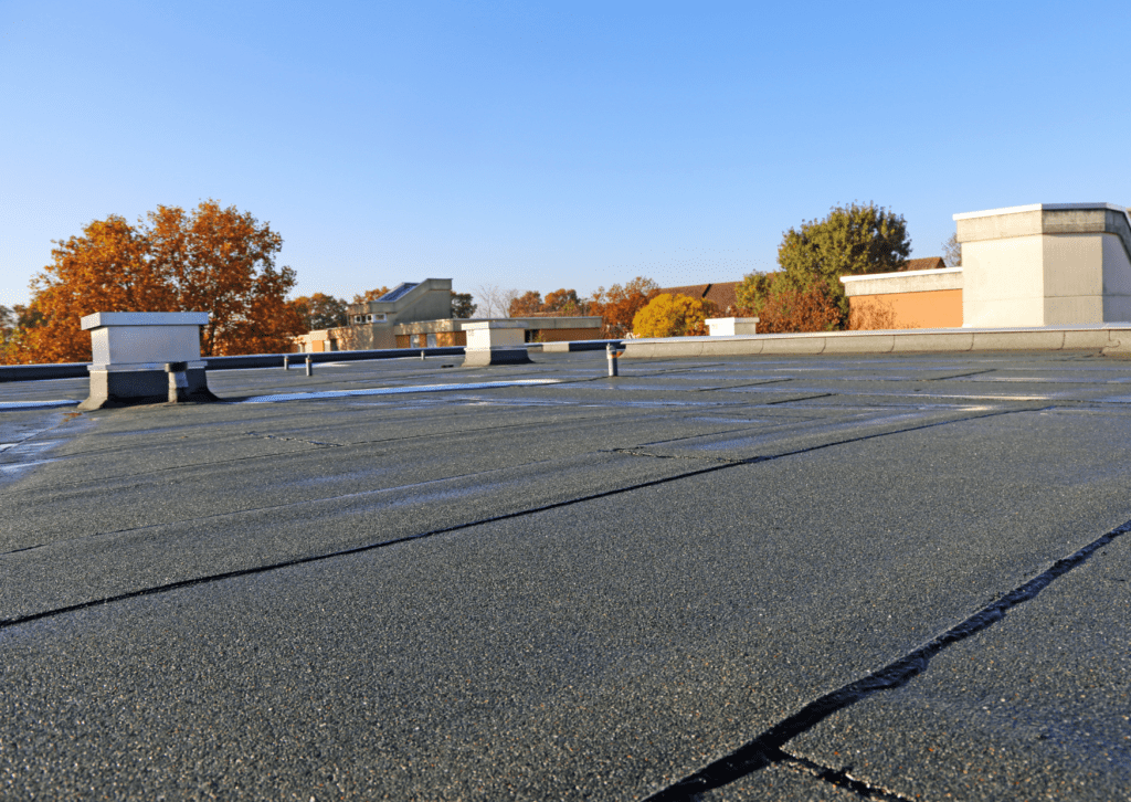 Commercial building with a durable flat roof showcasing effective flat roof solutions under a clear blue sky.