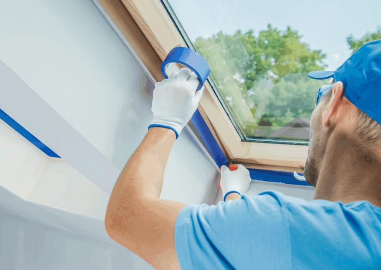 Worker applying painter’s tape around a window during surface preparation for painting in a bright indoor space.